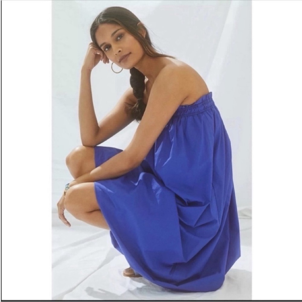 ANTHROPOLOGIE Smocked Midi Dress Strapless Pullover Bettina Blue Size XL NWT